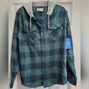 Hurley hooded button up plaid flannel shirt, deep mojito, sz S NWT